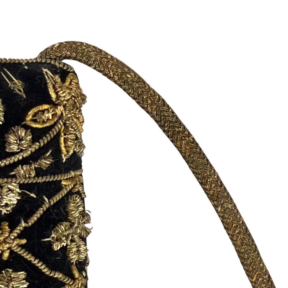 Vintage Black Velvet Peacock Gold Embroidered Beaded Floral Evening Bag Clutch - Picture 15 of 16